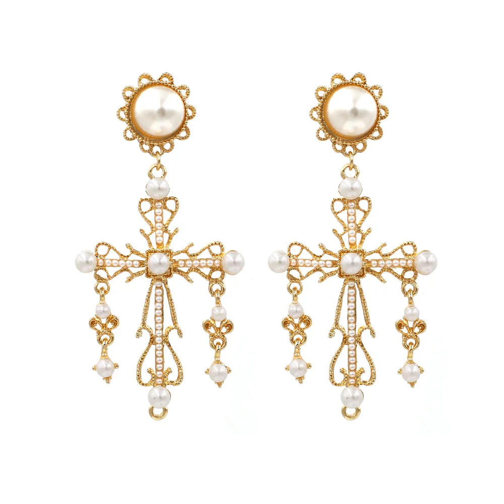 

JUHU New exaggerated baroque cross inlaid pearl earrings retro palace style earrings alloy jewelry for women, Gold/sliver