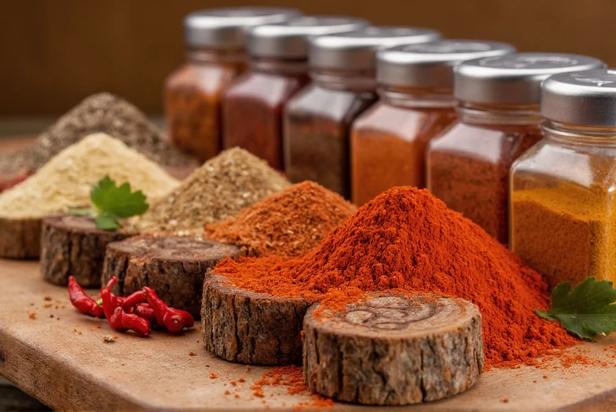 Close-up of various spice jars including coriander, chili powder, and paprika arranged on wooden table