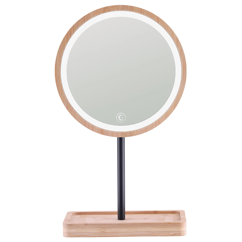 

OEM Wooden LED Light up Makeup Mirror Touch Screen Dimming 360 Rotation Portable Hand Cosmetic with StorageTray for Tabletop