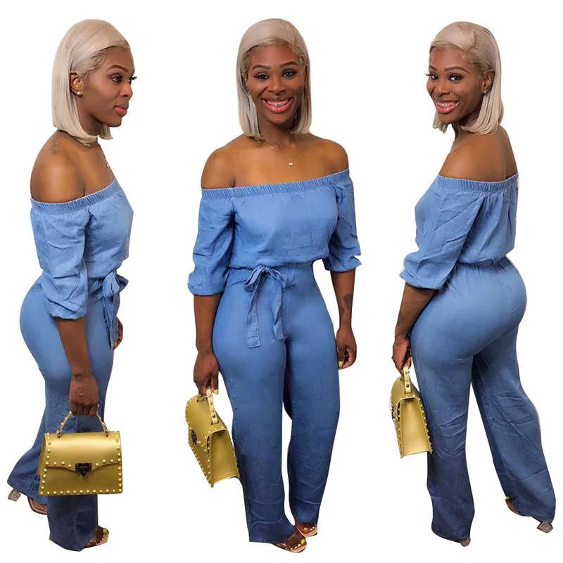 

YQ994 free shipping plus size Solid Color Off The Shoulder Long Sleeve Wide Leg Jumpsuit Women jumpsuit woman jumpsuit, As shown