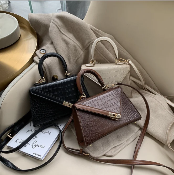 

2021 Autumn new style texture chic crossbody bag for women, ladies stone grain square handbag, White black brown