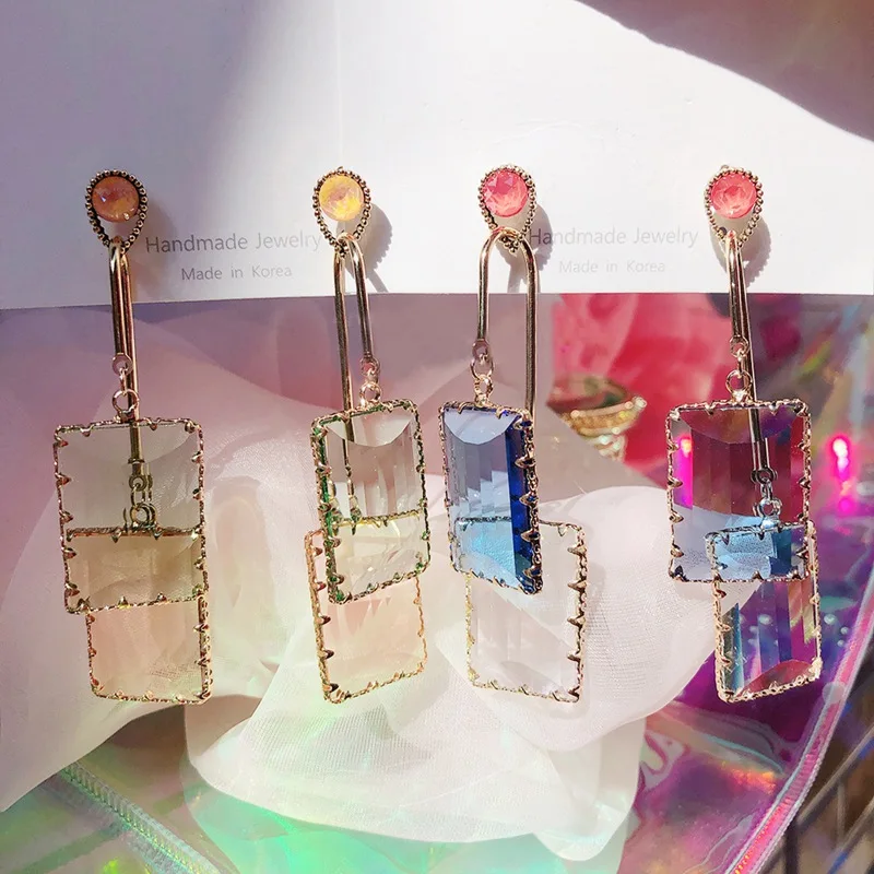 

2020 New Fashion Holiday Jewelry Acrylic Square Long Pendientes Mujer Moda Transparent Crystal Drop Earrings Jewelry