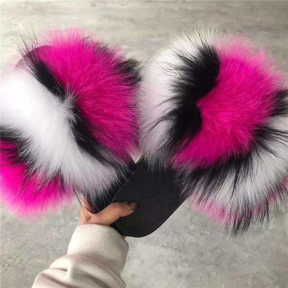 

Quick Shipping Wholesale Price Real Fur Slippers Flush Soft Raccoon Fur Slipper Outdoor Slider Sandals Fox Fur Slides For Women, Customized color