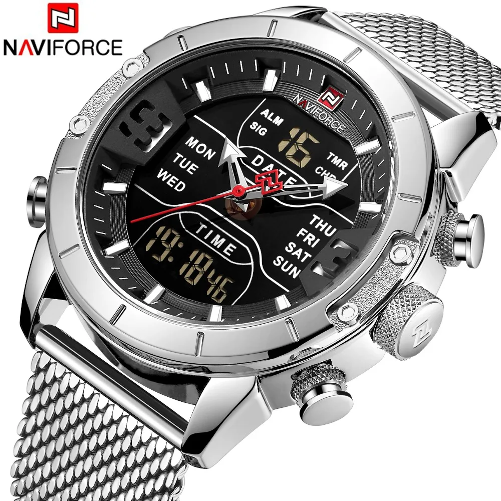 

NAVIFORCE 9153 Men Dual Display Quartz Digital Watches Stainless Steel Japan Quartz Business Week Time Wristwatch, As pictures