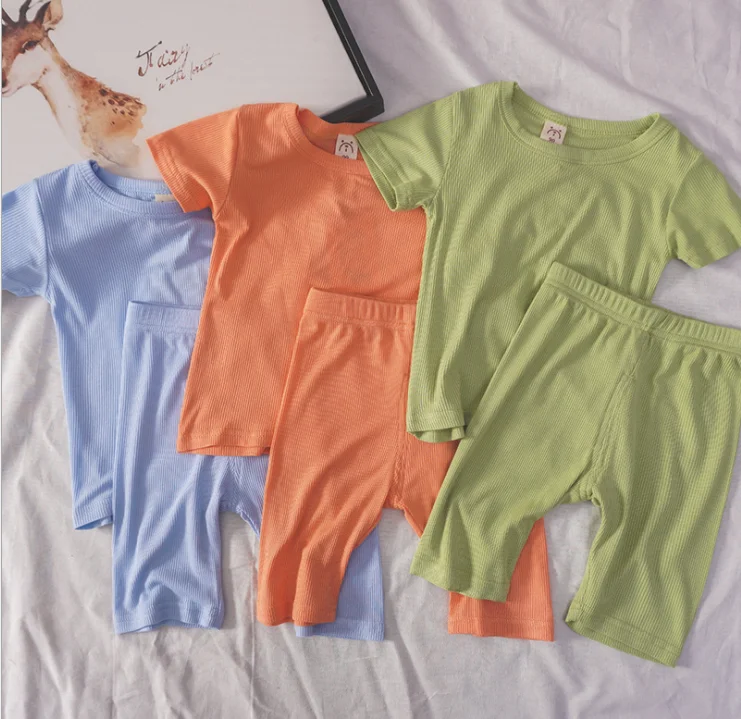 

2020 Baby Summer knitted outfit 2pcs Kids Baby Girl Ribbed Solid cotton Clothes short sleeve Crop Top T shirt Shorts Set, 8 colors