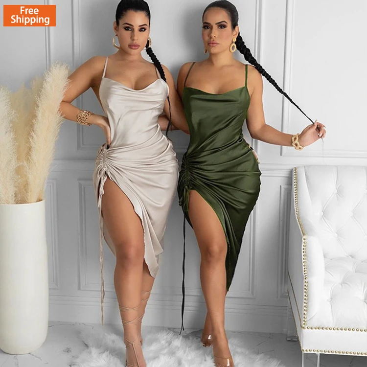 

Sexy backless lace-up slit pleated sling dress spaghetti strap dress