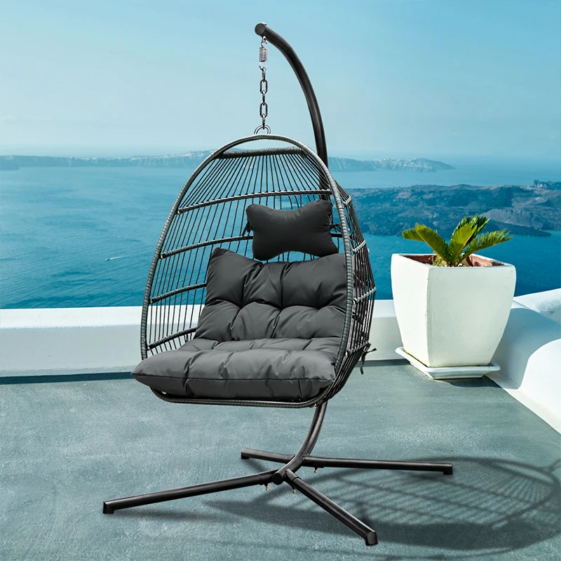 

USA warehouse fast delivery Garden Patio Indoor/Outdoor Wicker Rattan foldable Large Single seat hanging egg swing chair, Black
