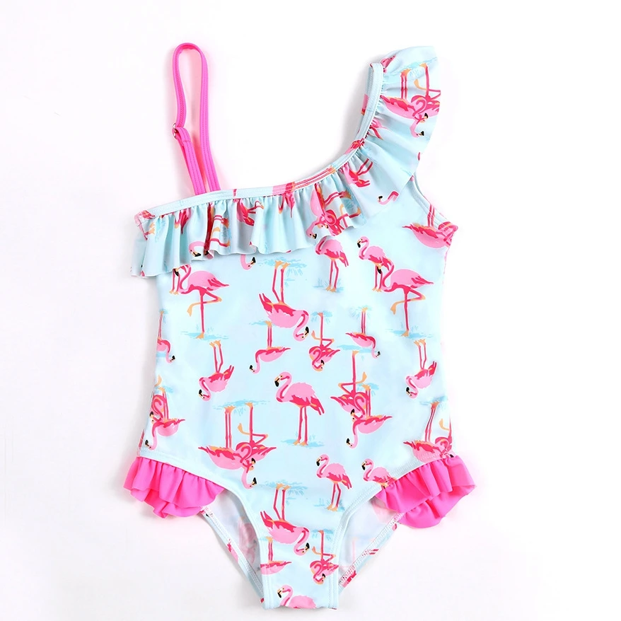 

Hot Selling Ruffled Swimsuit One Piece Asymmetrical Flamingo Bathing Suits Little Girl Swimwear Kids