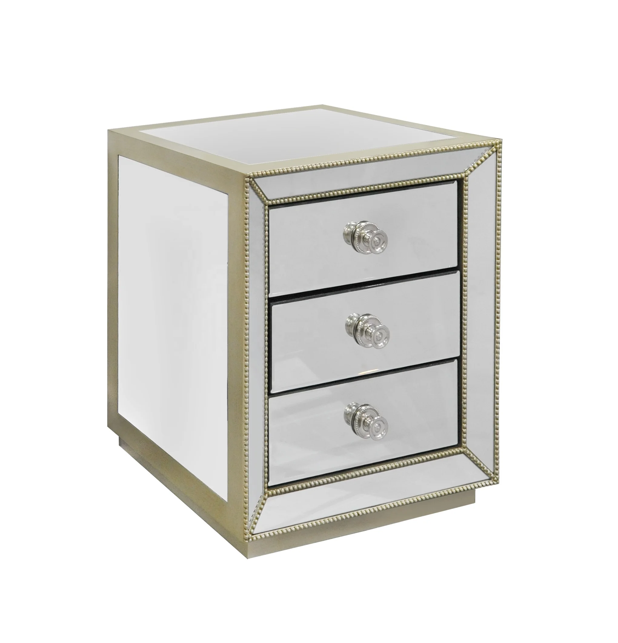 Modern Hot selling Handmade Large Storage 3 drawers with Gold Beading Trim Wooden Mirrored Cabinet Chest Nightstand