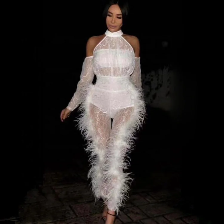 

White Feather Bandage Mesh lace party dress chic fashion Casual Jumpsuit F1729