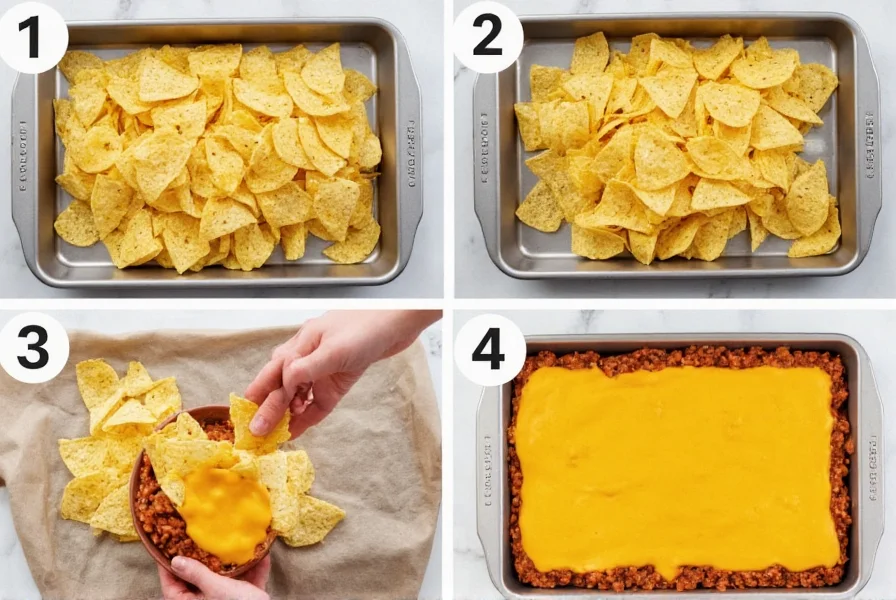 Step-by-step preparation of homemade chili cheese chips showing layering technique with tortilla chips, cheese, and chili