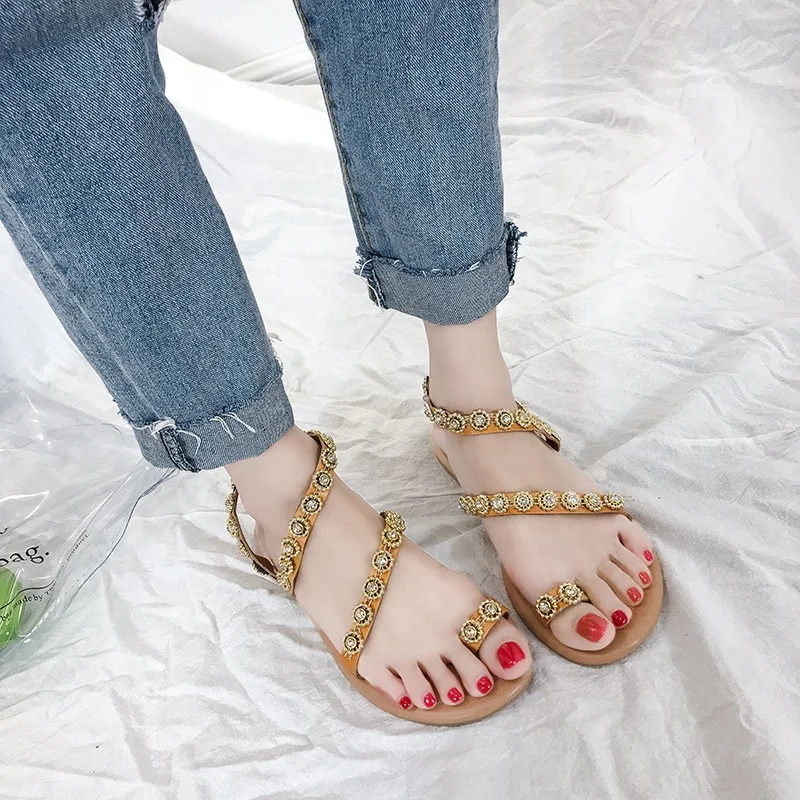 

Women Shoes Slippers Bling Rhinestone Strap Flat Summer Beach Sandals Crystal Ladies Bling Sandals for Leisure, Brown