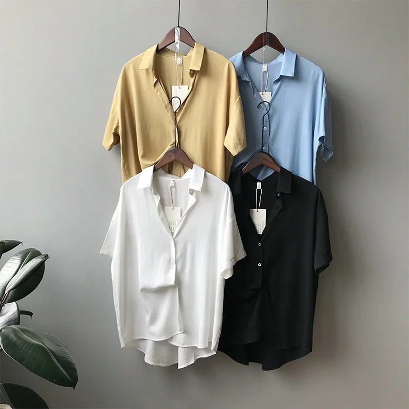 

B20606A Summer shirts for women casual simple style pure color Korea fashion loose shirt blouse, White/black/yellow/blue/mint green