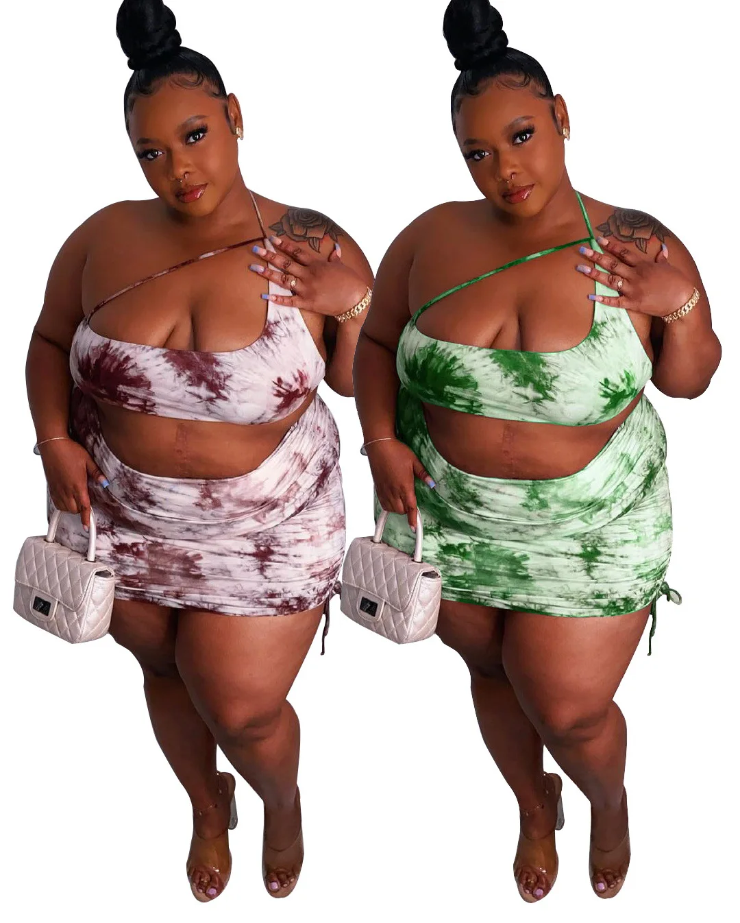 

Inclined Shoulder Sleeveless Tie Dye Plus Size Women Clothing Bodycon Drawstring Ruched Two Piece Skirt Sets Women Summer Set, Green,red