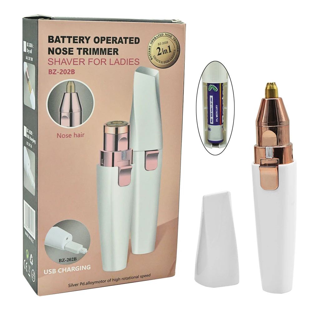 

Battery Powered 2 in 1 Two in One Electric Eyebrow Trimmer Nose Hair Razor Remover for Lady With Two Nozzles