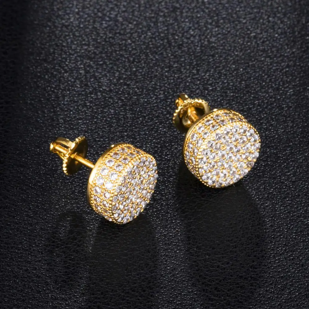 

HipHop Jewelry 18K Real Gold Plated Round Shape Iced Out Mens Stud Earring