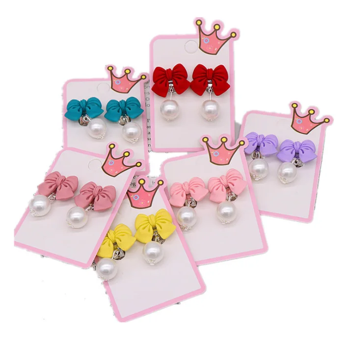 

Children Ear Clip On Earrings Non Pierced Cute Bow Girls Jewelry Pearl Earrings 03ER167, Picture