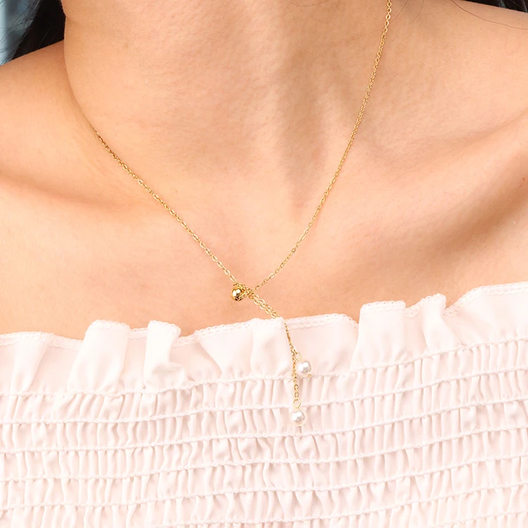 

Chris April stainless steel natural fresh water pearl necklace gold plated multi-usage sweater chain