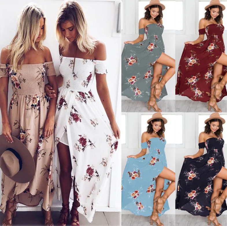 

clothing vendor summer dress casual women floral strapless beach dress split up design maxi long ladies fashion dress wholesale