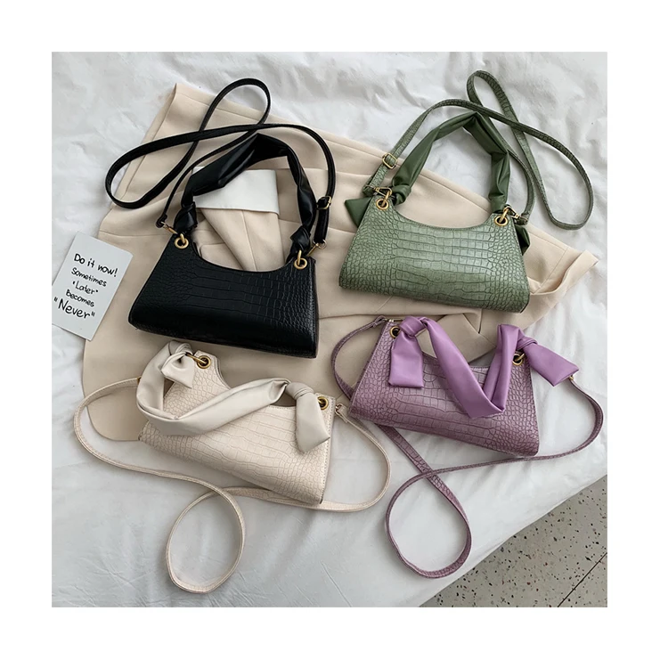 

Fashion Women Crocodile Pattern Handbags French Style Female Solid Color Shoulder Armpit Bag Ruched Knot Hand Bags Crossbody Bag