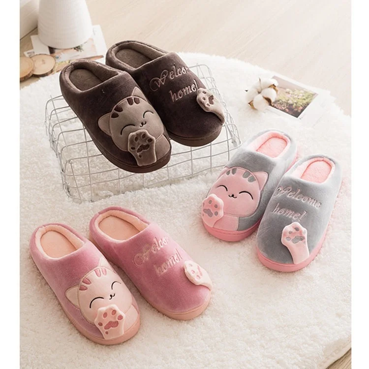 

Fur Closed Toe Slippers Women Winter Home Couple Shoes Cartoon Cat Shoes Non-Slip Soft Warm House Furry Slides