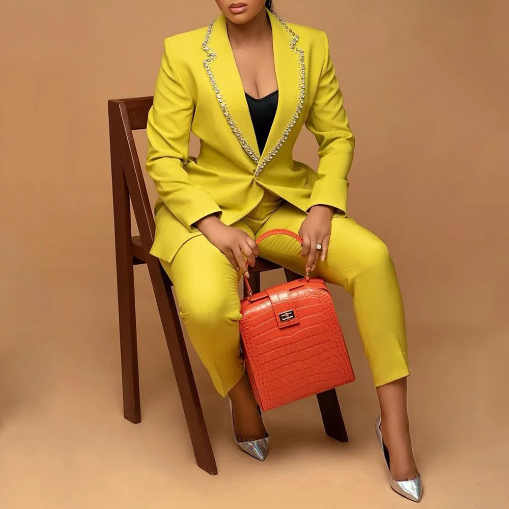 

Spring Jacket Pant Notched Business Elegant Sequins Women Two Pieces Set