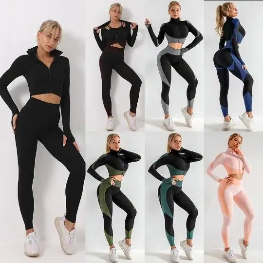 

Popular 3pcs women plus size zipper long sleeve fitness workout clothing butt lifting yoga set