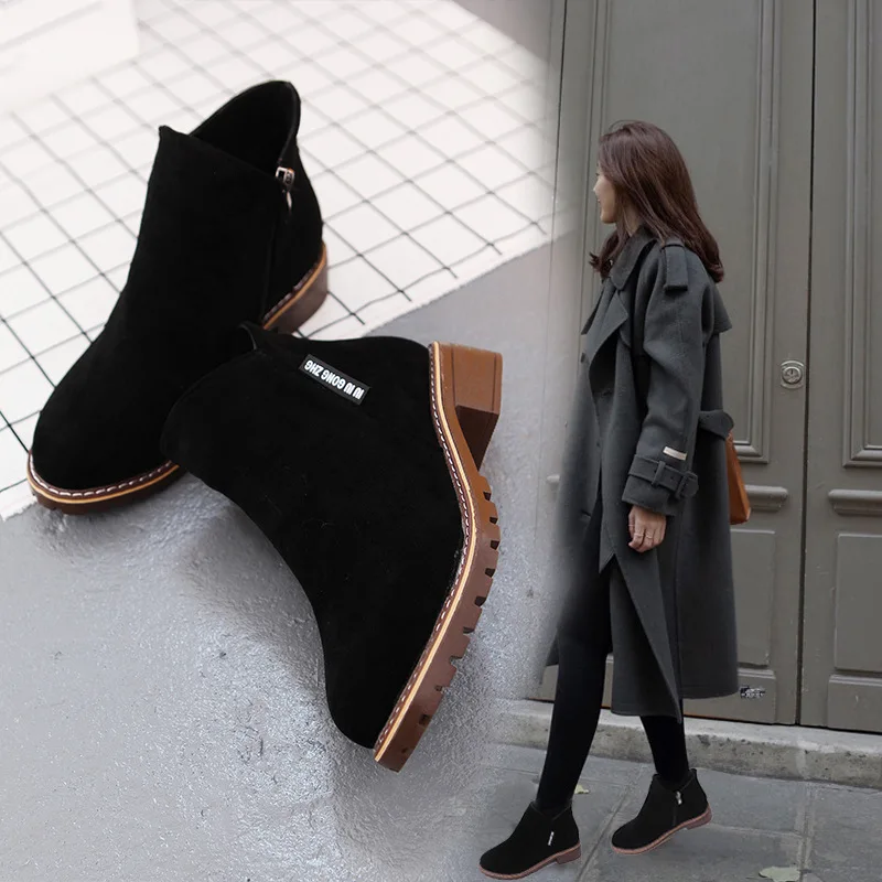 

2021 Women Boots Suede Autumn Winter Warm Plush Fur Shoes Woman Feminina Female Motorcycle Ankle Boots Women Botas Mujer