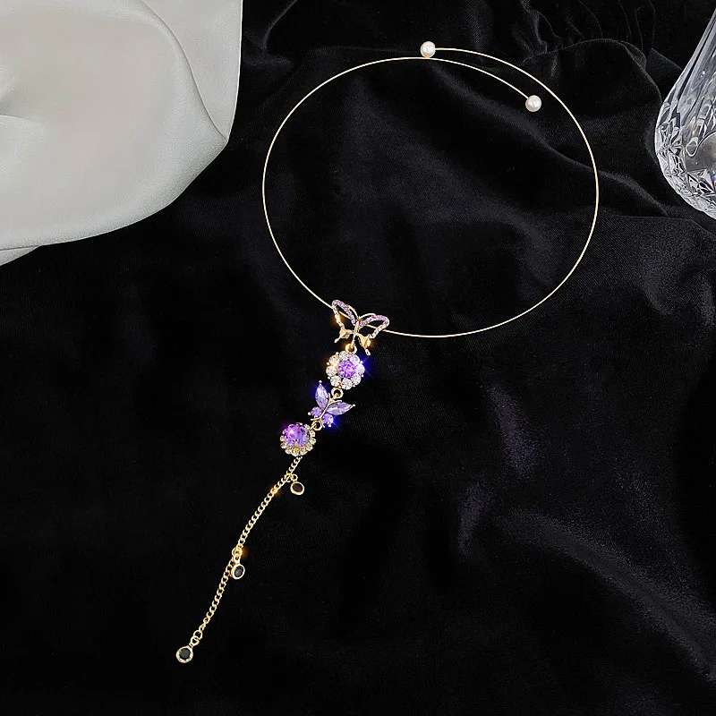 

RTS 2021 Hot Sale Purple Butterfly Waist Clavicle Chain Temperament Niche Design Sense Diamond Tassel Necklace Jewelry for Women