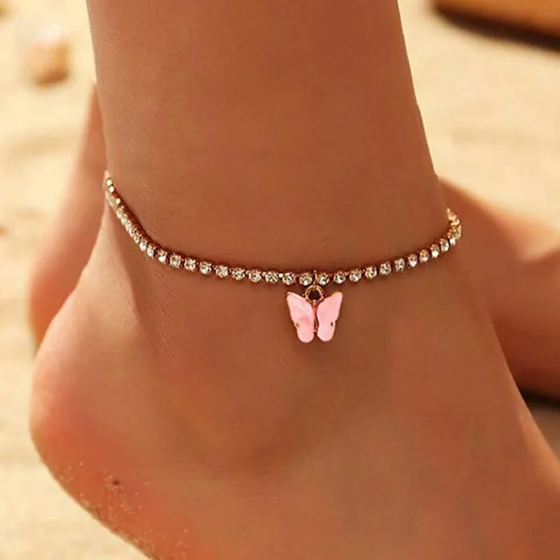 

2021 New Exquisite Shiny Rhinestone Simple Butterfly Pendant Anklet Bohemian Beach Anklet for Women, Colorful