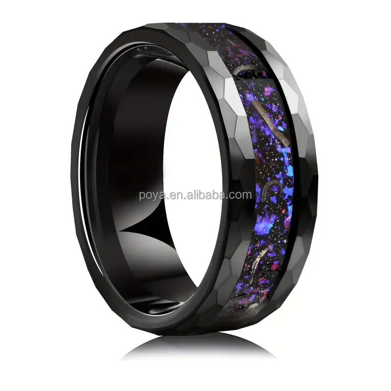 POYA 8mm Black Tungsten Carbide Ring Hammered with Meteorite Shavings Galaxy Foil Inlay for Couple's  Engagement Wedding Gifts