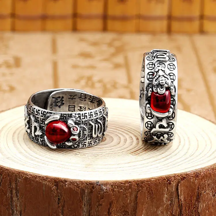 

Wholesale Cheap Pixiu Charms Feng Shui Red Agate Ring Amulet Wealth Lucky Open Adjustable Ring Buddhist Jewelry Ring