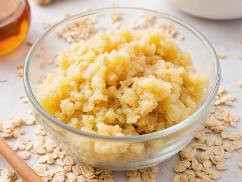 Oatmeal honey scrub in glass bowl with oats