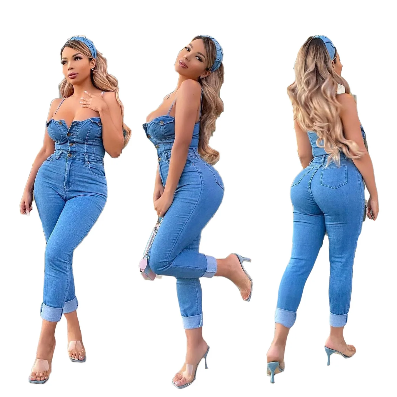 

2021 New Arrivals Denim button sling Jumpsuits And Rompers Hollow Out jeans jumpsuits for women, Blue