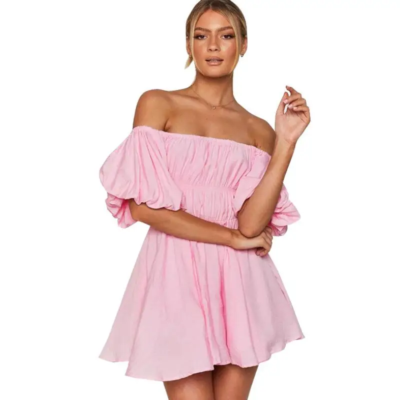 

Pink Color Red Color Off Shoulder Dress Summer 2021 New Lantern Sleeve High Waist Mini Dresses, Orange