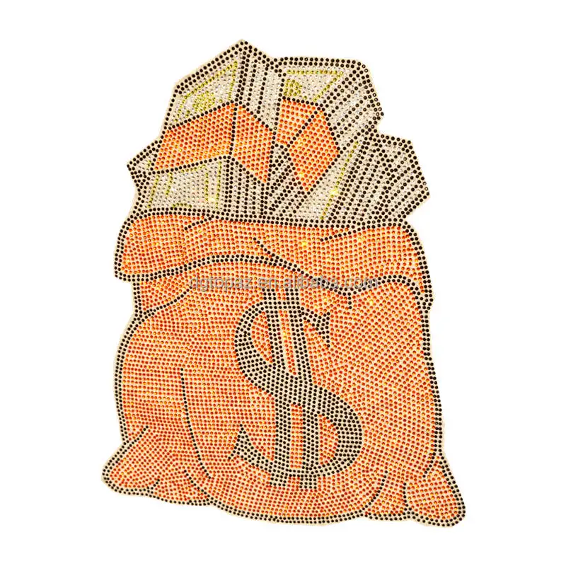 

Wholesale orange rhinestone money bag motif custom transfer for shirts