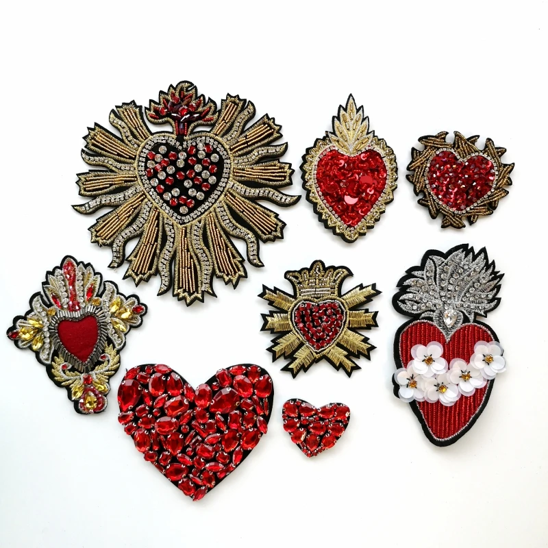 

embroidered beaded sequined heart patches,embroidery beads crystals hearts patch badges appliques DIY accessory KZ-2032666