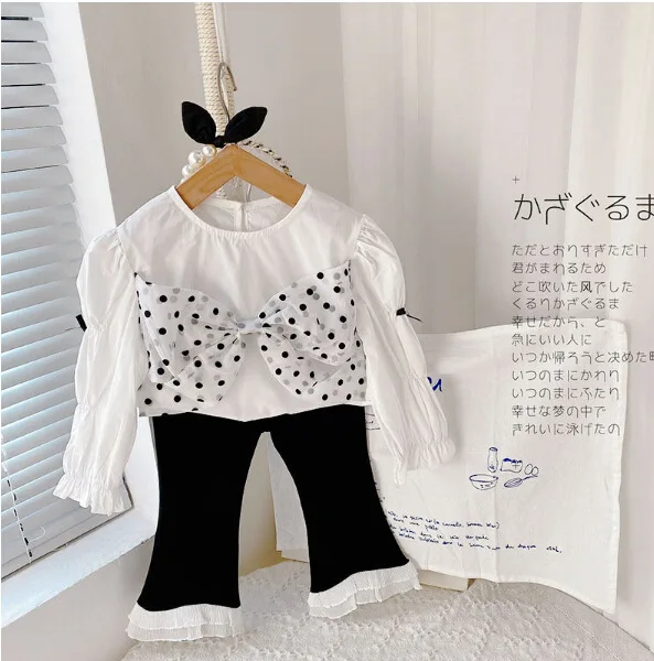 

Wholesale new fashion girls 2 Pieces Clothing Set long sleeves dots bow t shirt +flared pants outfits for kids, Picture shows