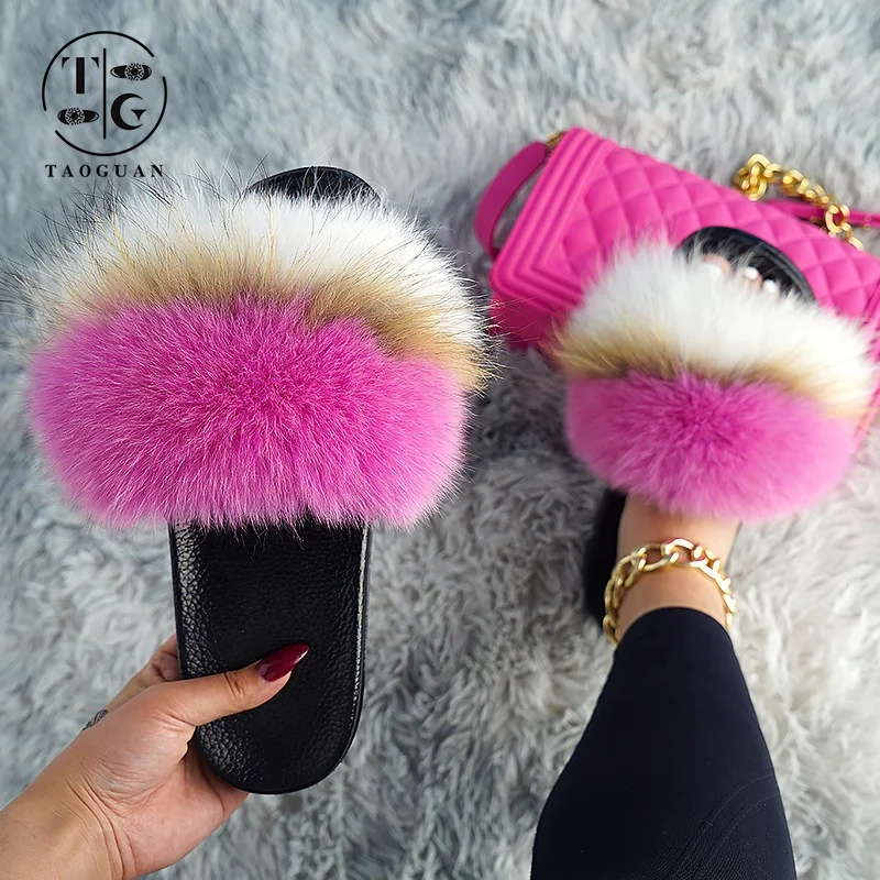 

Real Raccon Fox Fur Slippers Fur Slides Colorful Kids Faux Furry Slides Fuzzy Slippers For Women Sandal, Customized color