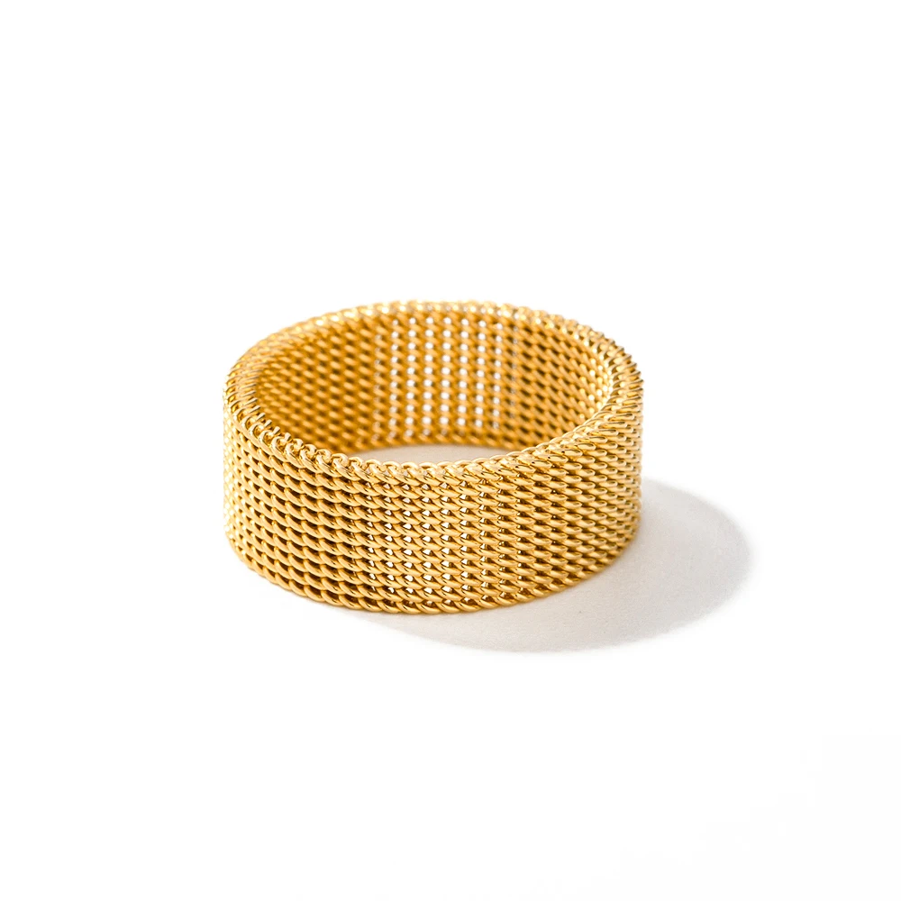 

New Arrival Wide Band Stainless Steel 18k Gold Open Spaced Simple Lattice Woven Zip Chain Enamel Rings