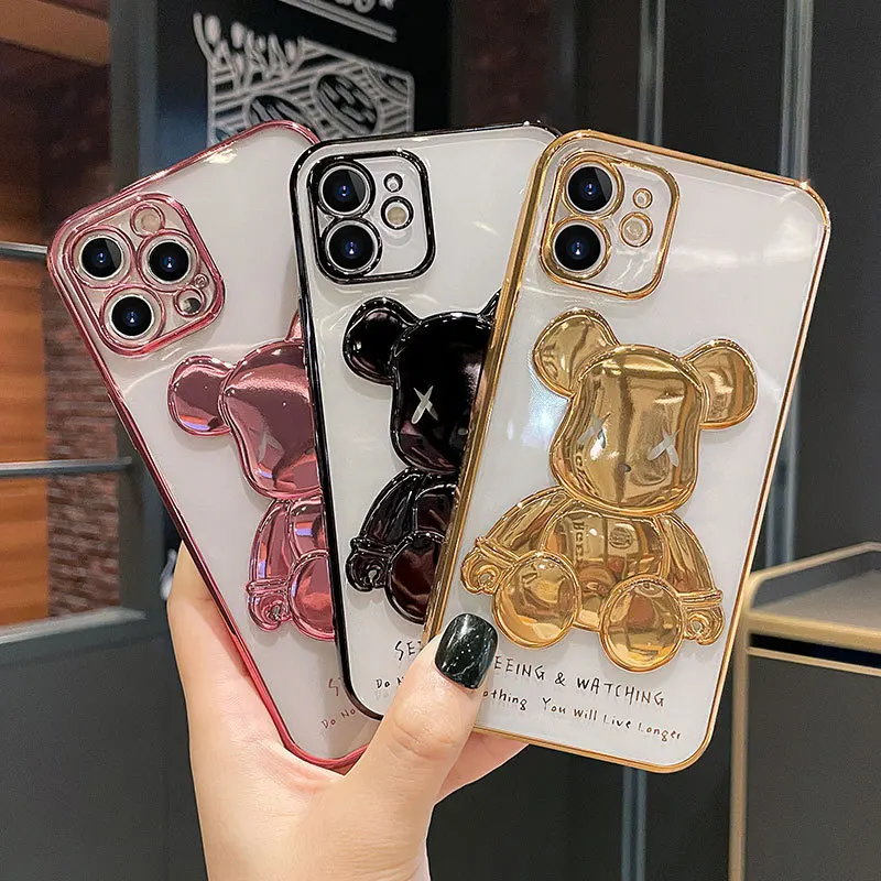 

Luxury Electroplate Bear Transparent 3D Bear Cell Phone case For iphone 13 12 11 XS XR MAX 7 8 Soft TPU Mobile phone Accessories