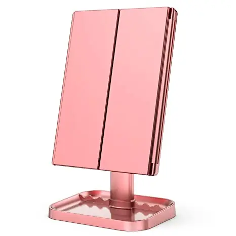 

Tri-Fold Lighted Vanity make Mirror with 22 LED Lights Touch Screen and 10x/3X/2X/1X Magnification Two Power Supply Modes, Pink