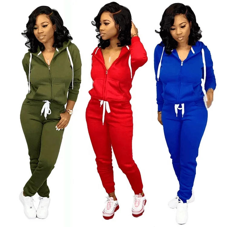 

Long Sleeve Zipper Hoodie Jacket Jogger Tracksuit Women Two Piece Pants Set Sweatsuit, Blue / red / army green