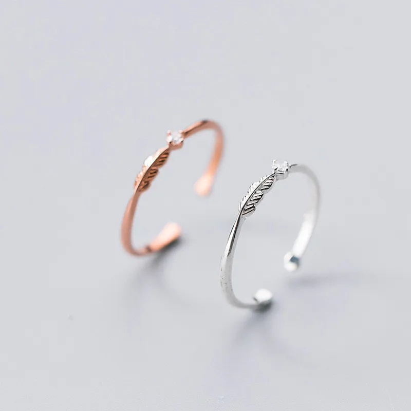 

Adjustable Tiny Clear Zircon 925 Sterling Silver Leaf Open Ring Trendy Plant Style Jewelry for Women, White gold/ rose gold