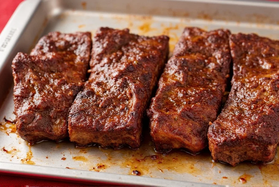 Beef ribs cooking in an oven