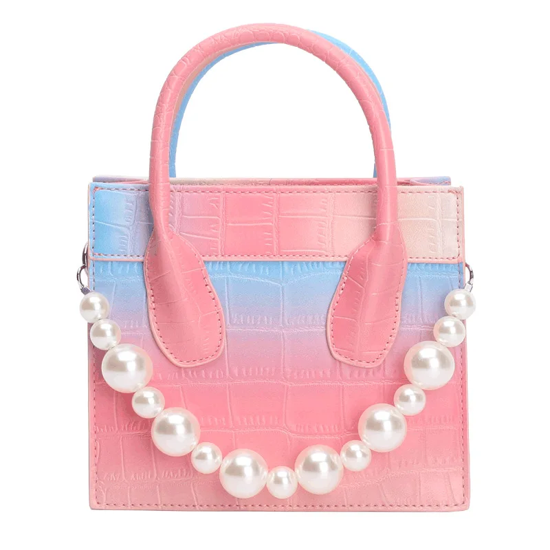 

Fashion Rainbow Gradient Handbag One Shoulder Diagonal Pearl Small Square Bag for girl, Pink/rose red/white/green