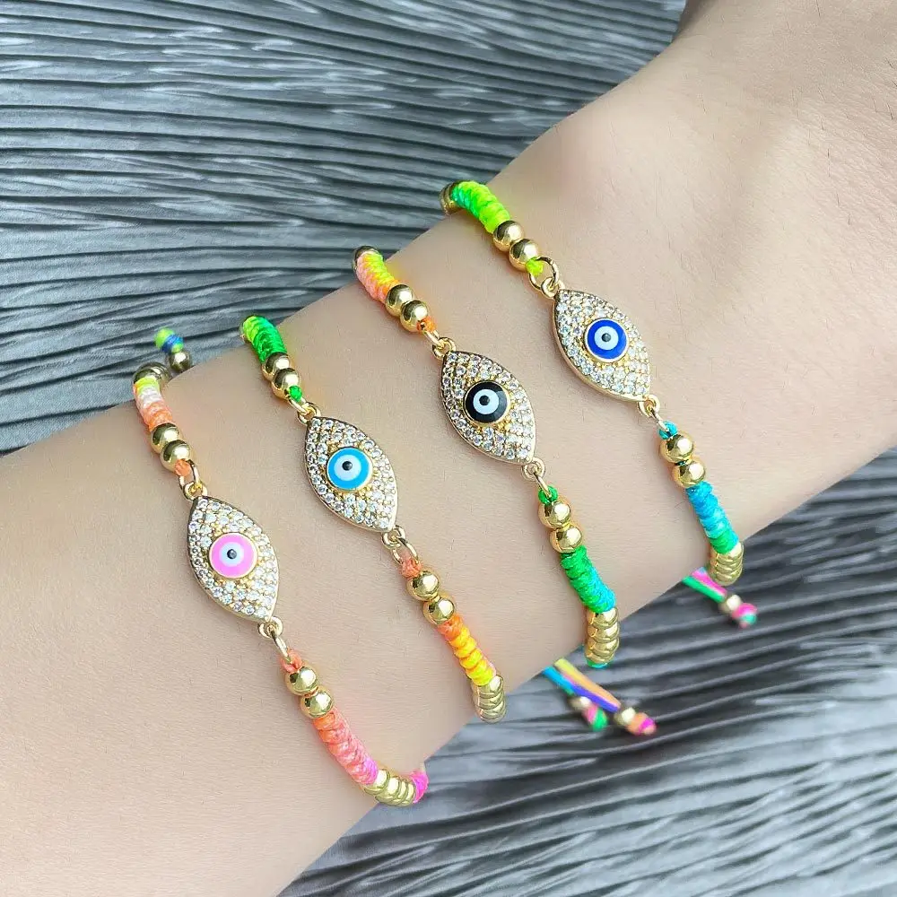 

Pulsera De Cuerda Oil Dripping CZ Demon Eye Rope Bracelet Handmade Adjustable Heart Shaped Colorful Enamel Eye String Bracelet