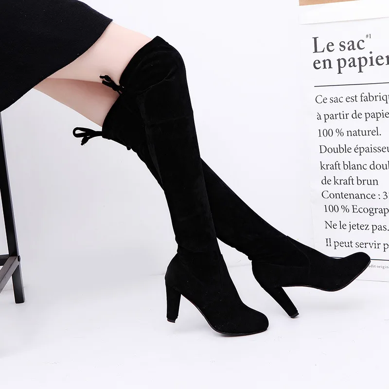 

2021 autumn winter New trend thick heel women knee boots shoes, Black/grey/red wine/dark brown
