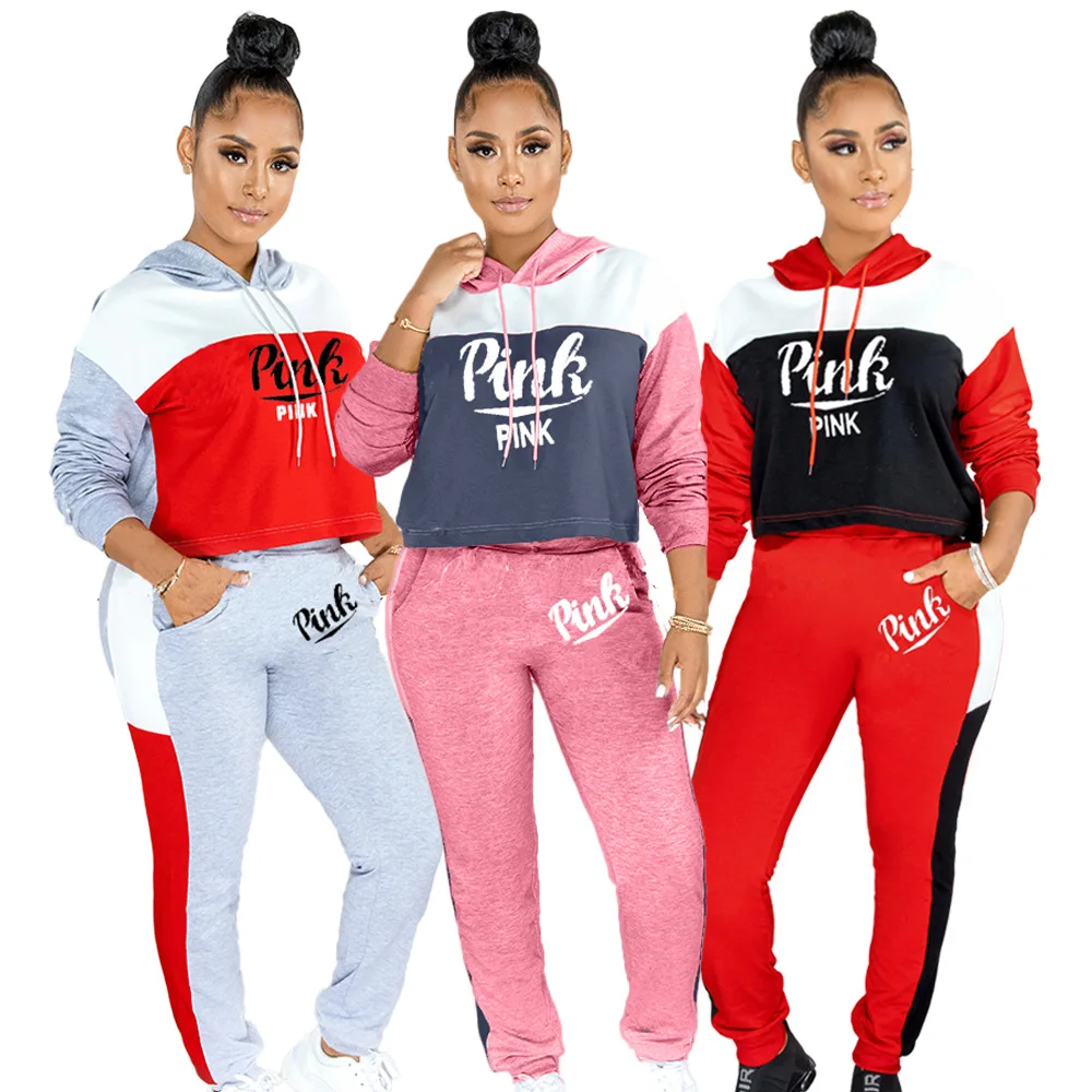 

XM-20121439 2 piece set women long sleeve casual pink hooded letter printed two piece set women clothing
