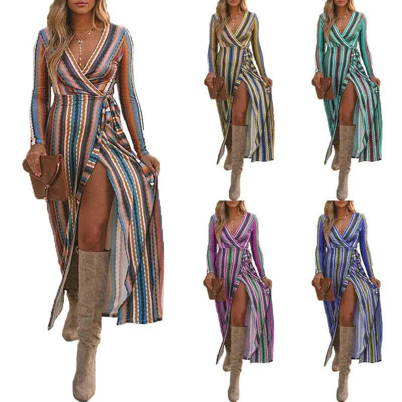 

Striped Printed Night Out Dress Sexy V-Neck Slit Lace Plus Size Oversized Dresses Long Sleeve Elegant Dinner Boohoo Dress, Picture